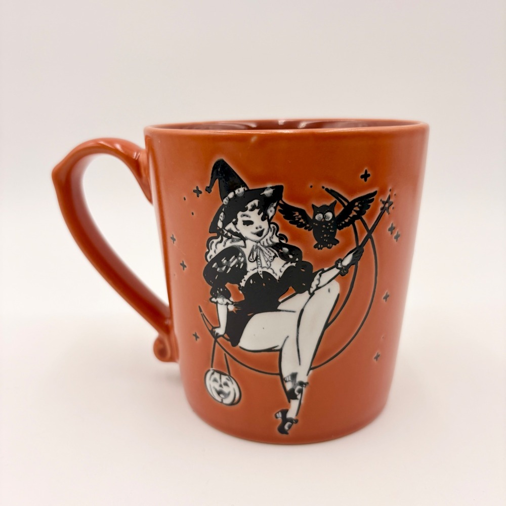 Vintage Style Pin Up Witch Halloween Mug Orange Ceramic Retro Moon Owl Cup